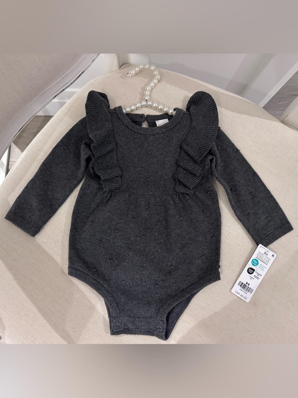 🖤 3 Mth Carter's Charcoal Ruffle Long-Sleeve Knit Baby One-Piece 100% Cotton NWT
